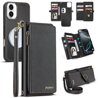 for iPhone 16 Wallet Case, Detachable Magnetic Shockproof Phone Case,Faux Leather Crossbody Wallet,with RFID Blocking，Zipper Card Holder，Shoulder Strap (Black) - color: Black, size: iPhone 16