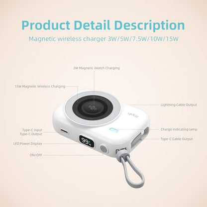 10000mAh Magnetic Power Bank, 20W Fast Charging Wireless Portable Charger with Built-in Charging Compartment for iPhone & Android (White) - color: White