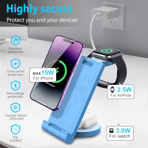 2024 Upgrated Wireless Charger: 3 in 1 Charger Stand Multiple Devices for Apple - iPhone 16 15 14 Pro Max 13 12 11 - Watch 10 9 8 7 6 5 4 3 2 SE and Ultra Series - Airpods 4 3 2 Pro - color: Blue