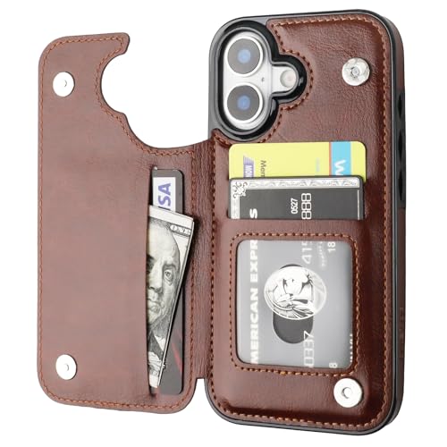 ONETOP for iPhone 17 Wallet Case with Credit Card Holder,Brown | Kickstand,ID/Cash Holder,Case Wallet with Card Slots,Double Magnetic Clasp,Durable PU Leather Shockproof Cover for Women Men - color: Brown