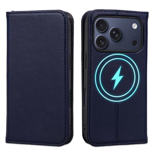 for iPhone 17 Pro 6.3" Wallet Case Card Holder Blue | Magsafe Compatible,RFID Blocking,Kickstand,Folio Cover,Genuine Leather - color: Blue, size: 6.3" iPhone 17 Pro