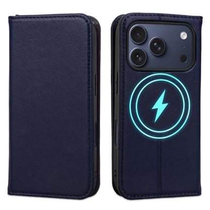 for iPhone 17 Pro 6.3" Wallet Case Card Holder Blue | Magsafe Compatible,RFID Blocking,Kickstand,Folio Cover,Genuine Leather - color: Blue, size: 6.3" iPhone 17 Pro