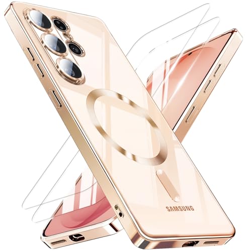 Magnetic for Samsung Galaxy S26 Ultra Case with 2X Screen Protector & Full Camera Cover,Fit with MagSafe,Plating Soft Glossy Luxury Shockproof Women Girls Phone Cases for Galaxy S 26 Ultra ,Gold - color: Gold-S26 Ultra