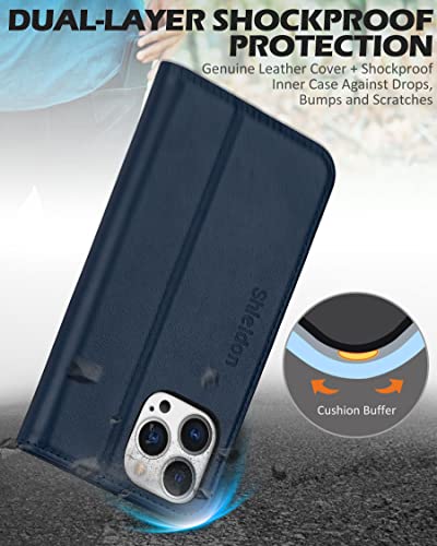 SHIELDON Genuine Leather Case Wallet for iPhone 13 Pro 6.1" 2021, Navy Blue | Magnetic Closure, RFID Blocking, Credit Card Slot, Kickstand, Flip Book Design, Shockproof Phone Cover - color: Navy Blue