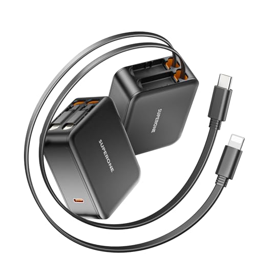 SUPERONE 62W Retractable Wall Charger with Dual USB C & Apple Cables - size: Type-C & Apple Cables - Black