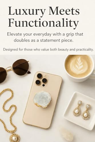 Grips by CRYSTALFY Crystal Phone Grip Holder & Expanding Kickstand-Natural Gemstone Swappable Top Accessory Compatible with iPhone, iPad, Kindle & Mobile Devices (Round White Quartz Druzy, Adhesive) - color: Round White Clear Quartz Druzy, style: Adhesive