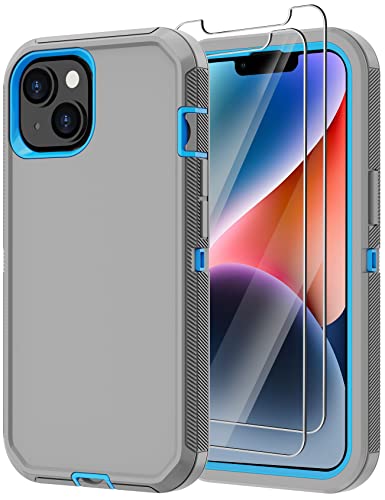 for iPhone 14 Case with 2 Screen Protector,Heavy Duty Shockproof Dustproof Drop Protection 3-Layer Full Body Rugged Military Protective Tough Durable Cover for Apple iPhone 14 6.1"(Gray/Blue) - color: Gray/Blue