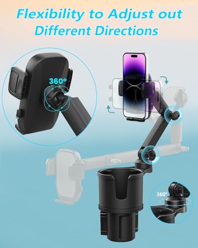 2-in-1 Cup Phone Holder for Car, 360° Adjustable Car Phone Mount - color: black