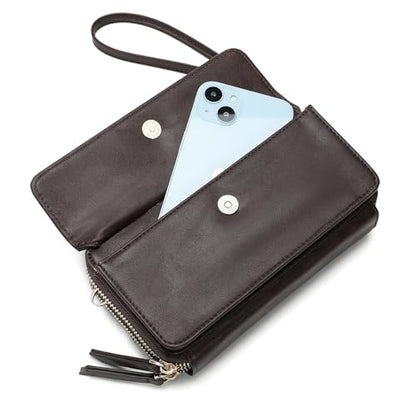 RFID Crossbody Wallet Wristlet Purse with Phone Pocket For Women Vegan Leather - color: Brown Coffee
