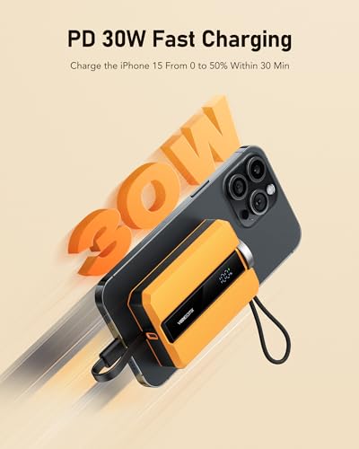 VEEKTOMX PD 30W Power Bank Fast Charging with Built-in USB C Cable for iPhone, Small Portable Charger 10000mAh, Portable Apple Watch Charger, Compact Battery Pack for iPhone 16/15/15 Plus, Yellow - size: USB-C Yellow