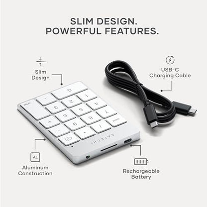 Satechi Slim Aluminum Bluetooth Keypad, USB-C Rechargeable, Silver - color: Silver, size: USB-C