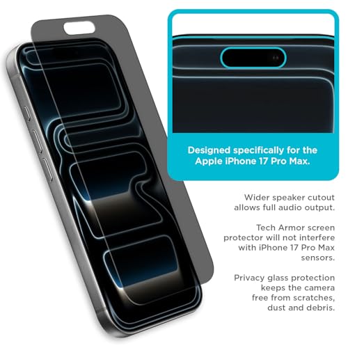 Tech Armor Privacy Glass for iPhone 17 Pro Max Screen Protector, 1-Pack