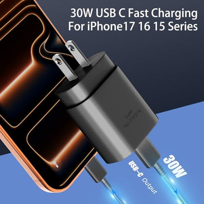30W USB C Phone 15 Charger Fast Charging Block for iPhone 15/15 Pro Max/15 Pro/15 Plus/Samsung Galaxy S23 Ultra/S23/S23+/S22/S22 Ultra/S22+/S21 Ultra/S20 Ultra/Note 20 & 6.6Ft USB C Charger Cable - color: Black, size: 6.6Ft