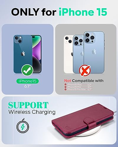 OCASE Compatible with iPhone 15 Wallet Case, PU Leather Flip Folio Case with Card Holders RFID Blocking Kickstand [Shockproof TPU Inner Shell] Phone Cover 6.1 Inch 2023, Burgundy - color: Burgundy