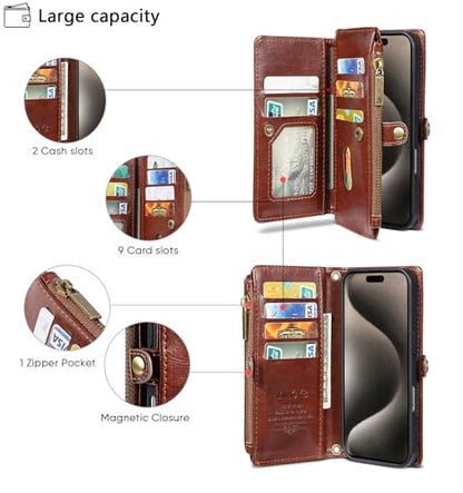 for iPhone 17 Pro Wallet Case, [Compatible with Magsafe] [Magnetic Detachable] [RFID Blocking] PU Leather Case with Card Holder & Crossbody Strap for Women Men, Brown - color: Brown