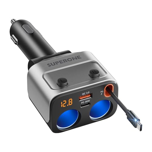 SUPERONE 180W Cigarette Lighter Splitter with Retractable 36W USB-C Cable