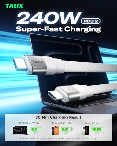 TALIX USB C to USB C Cable, 240W Fast Charging Cable (6.6 ft, White)