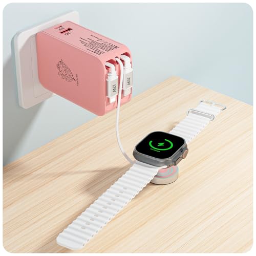 Retractable Apple Watch Charger, 5 in 1 Wall Charger with 3 Retractable Cables for Older iPhones & USB-C Devices, 35W Foldable Charger Block for iPhone 17/16/15/14, iPad, AirPods (Pink) - color: Pink