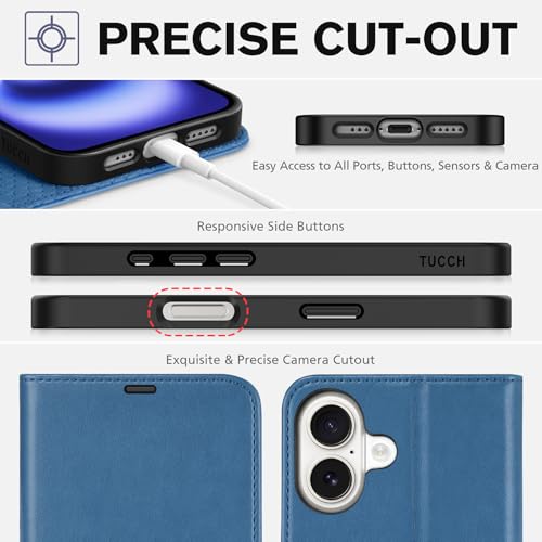 TUCCH Wallet Case for iPhone 16 (6.1") 2024, Flip Stand, Light Blue | RFID Blocking, 4 Card Holders, Kickstand, PU Leather, Shockproof TPU Shell, Magnetic Closure, Protective Folio Cover - color: Light Blue