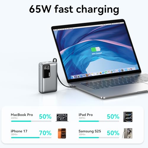 MOKiN 65W Portable Charger, 20000mAh Fast Charging Power Bank with Built-in USB-C Cable, Smart Display Battery Pack, Pocket Charger for iPhone 17-12, Samsung, iPad, Laptop, MacBook & More - color: Grey-2