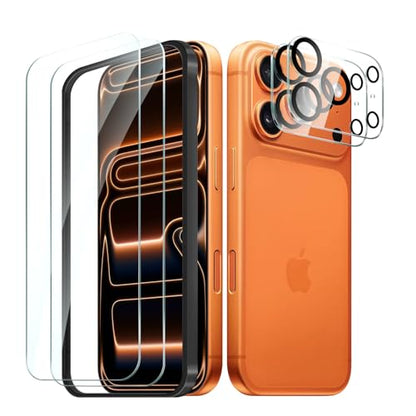 2+2 Pack compatible with iPhone 17 Pro Screen Protector Tempered Glass with Camera Lens Protector, Protection Film with Easy Installation Frame, 9H Hardness, Scratch Resistant, Case Friendly - size: iP17 Pro transparent
