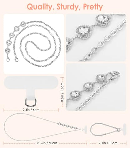 MoKo Metal Phone Crossbody Chain Lanyard with Wrist Strap and 2 Patches - color: Bright Silver
