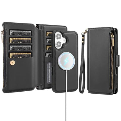 Antsturdy Compatible with MagSafe iPhone 17 Wallet Case,Black | Detachable Magnetic Credit Card Holder,RFID Blocking,PU Leather Zipper Purse,Wrist Strap Kickstand,Flip Phone Cover for Women - color: (Detachable with Magsafe)-Black