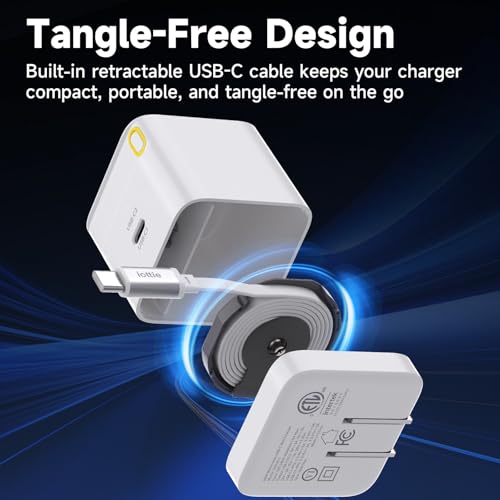 Basix by iOttie 65W GaN Wall Charger with Built-in Retractable USB-C Cable and Extra USB-C and USB-A Ports, Triple Device Fast Charging, Compact Travel Charger with Folding Prongs