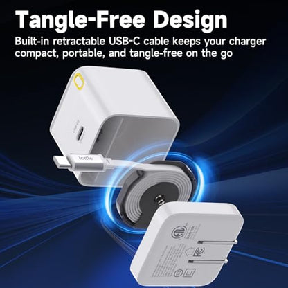 Basix by iOttie 65W GaN Wall Charger with Built-in Retractable USB-C Cable and Extra USB-C and USB-A Ports, Triple Device Fast Charging, Compact Travel Charger with Folding Prongs