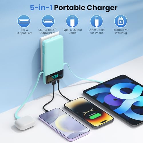 Portable Charger Power Bank for iPhone with Built-in Cables and AC Wall Plug, 13800mAh Ultra Slim Travel Essentials,USB C Fast Charging External Battery Pack for iPhone 17/16/13,Galaxy,Android-Green - color: Green