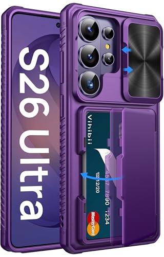 Vihibii for Samsung Galaxy S26 Ultra Case with Card Holder, Dark Purple | RFID Blocking, Slide Camera Cover, Military-Grade Drop Protection, Rugged Hard Back, Silicone Edge Wallet Case, Dark Purple - color: Dark Purple