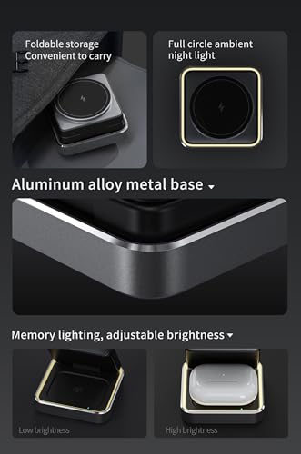 3 in 1 Wireless Charger for iPhone 17 16 15 14 13 12 11 Pro Max Foldable Wireless Charging Station with Night Light for MagSafe Travel Magnetic Charger Stand Fast Charging for AirPods Apple Watch B