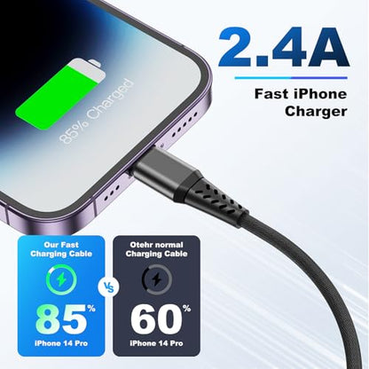 26FT/8M Extra Long iPhone Charger Cord [Apple MFi Certified] Braided iPhone Charger Fast Charging USB to Lightning Cable for iPhone 14/13/12/11, iPad (Black)