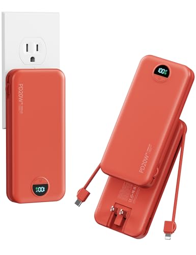Portable Charger Power Bank 10000mAh with Built in Cables & Wall Plug - color: Crimson