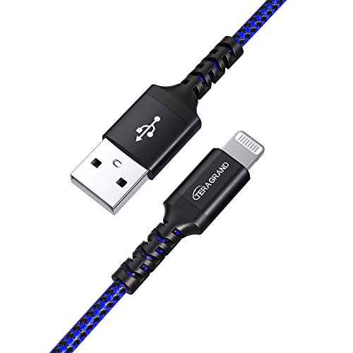 Tera Grand - Apple C89 MFi Certified Lightning to USB-A Braided Cable for iPhone 14/13/12/11 Pro Pro Max Plus Mini, SE XS Max XR X, 8/7/6 Plus, iPad, AirPods, 10 Ft Black/Blue - color: Black/Blue, size: 10 ft
