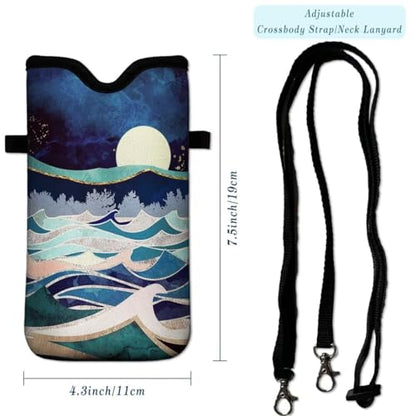 Cell Phone Sleeves Bag Case Crossbody Neoprene Holder Lanyard Phone Pouch for Women Men 7.5 X 4.5 Inches - Wave Moon - color: Wave Moon