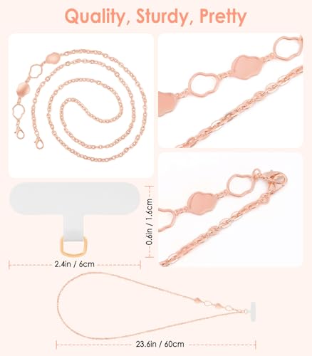 MoKo Universal Phone Lanyard, Metal Cell Phone Chain Crossbody Strap Anti-Theft Detachable Women Cellphone Lanyards Around The Neck with Patches for iPhone, Most Smartphones, Rose Gold - color: Rose Gold