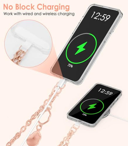 MoKo Metal Phone Crossbody Chain Lanyard with Wrist Strap and 2 Patches - color: Rose Gold
