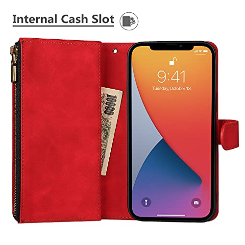iCoverCase Compatible with iPhone 13 Wallet Phone Case with Card Holder, PU Leather Zipper Pocket Magnetic Detachable Flip Case with Wrist Strap (Red) - color: Detachable--Red