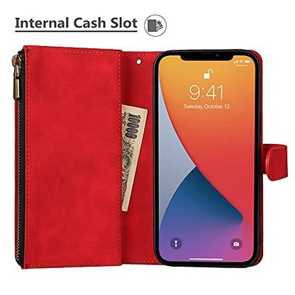 iCoverCase Compatible with iPhone 13 Wallet Phone Case with Card Holder, PU Leather Zipper Pocket Magnetic Detachable Flip Case with Wrist Strap (Red) - color: Detachable--Red