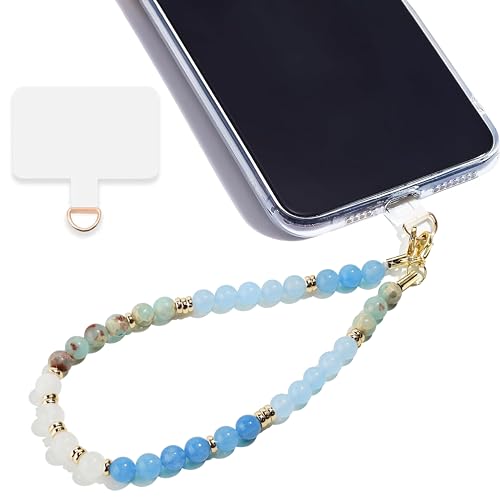 Marble Beaded Phone Wrist Strap for Women, Detachable Design - color: Blue White Jade