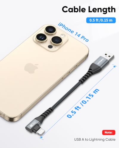 SUNGUY USB-A to Lightning Cable Right Angle 0.5FT 2-Pack, Short USB to Lightning iPhone Charger Cord 90 Degree Nylon Braided Compatible with iPhone 14/13/12/11 Pro Max Mini X XS XR 8 SE iPad9/mini - size: 0.5FT