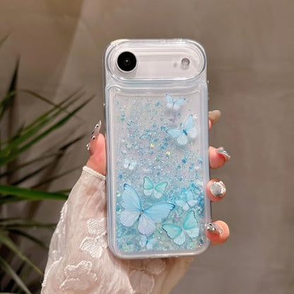 Compatible with iPhone Air Glitter Butterfly Case Glow in The Dark Women Girls Girly Bling Sparkle Flowing Quicksand Light up Soft TPU Bumper Luminous Clear Phone Cover, Pink - color: Blue, size: iPhone Air