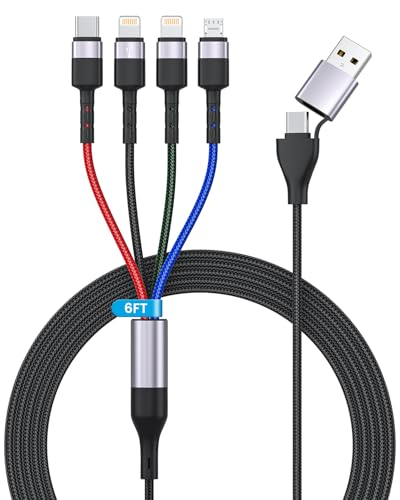 100W 6ft Multi USB Charging Cable, USB C and Lightning Fast Charging Cable 2-in-1, Durable Nylon Braided Multi Charger Cord for iPhone 17 16 15 14 13 12, iPad, Galaxy, Note, MacBook & More - Black - style: 6-in-1 6FT