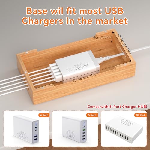 Bamboo Charging Station with 5 Port Charger HUB & 5 Cables-Natural Bamboo - color: Natural Bamboo