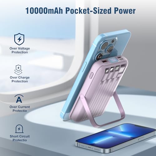 Wireless Portable Charger 10000mAh,Magnetic Power Bank with Built-in Cables LED Display,22.5W PD Fast Charging for Magsafe Battery Pack Compatible with iPhone16/15/14/13/12/Pro/Pro Max(Purple) - color: Purple