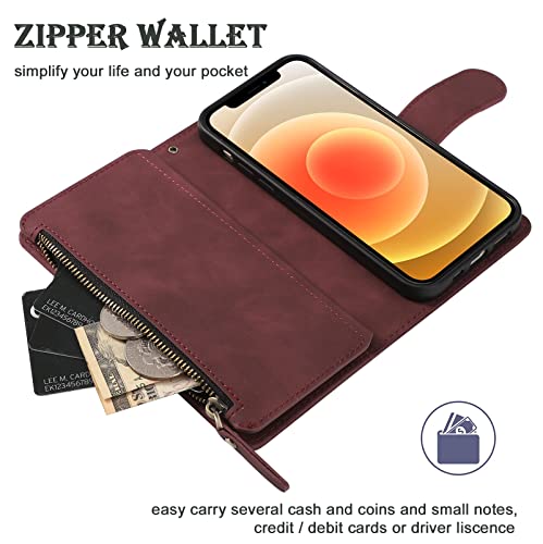 RANYOK Wallet Case Compatible with iPhone 13/14 (6.1 inch), Premium PU Leather Zipper Flip Folio Wallet RFID Blocking with Wrist Strap Magnetic Closure Built-in Kickstand Protective Case (Wine Red) - color: Wine Red