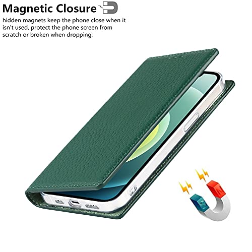 iCoverCase Compatible with iPhone 13 Wallet Case, RFID Blocking Genuine Leather Magnetic Case with Wrist Strap and Card Slots Kickstand Feature Flip Cover 6.1 Inch (Green) - color: Green, size: iPhone 13