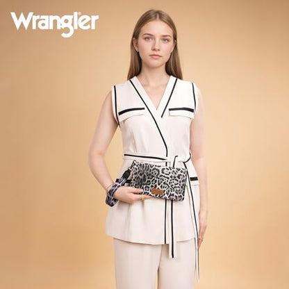 Wrangler Leopard Print Womens Wristlet Wallet RFID Blocking Bifold Clutch Credit Card Holder Purse with Crossbody Strap - color: B-leopard Black