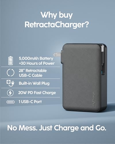 myCharge RetractaCharger 5000mAh Portable Charger Power Bank with 28-Inch Retractable USB-C Cable | Premium Fabric | Built-in Wall Plug | Digital Display